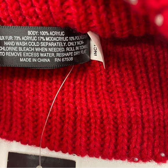 INC Shine Like the Night Red Pearl Embellishments beanie hat with Pom pom NEW - Picture 2 of 6
